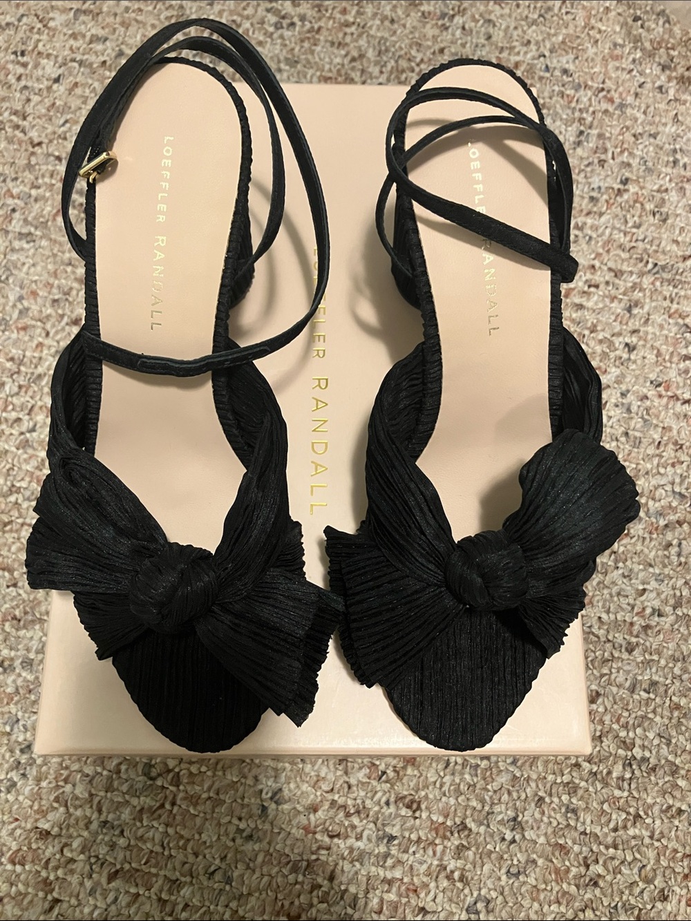 Loeffler Randall Black Pleated Bow Ankle-Strap Sandals